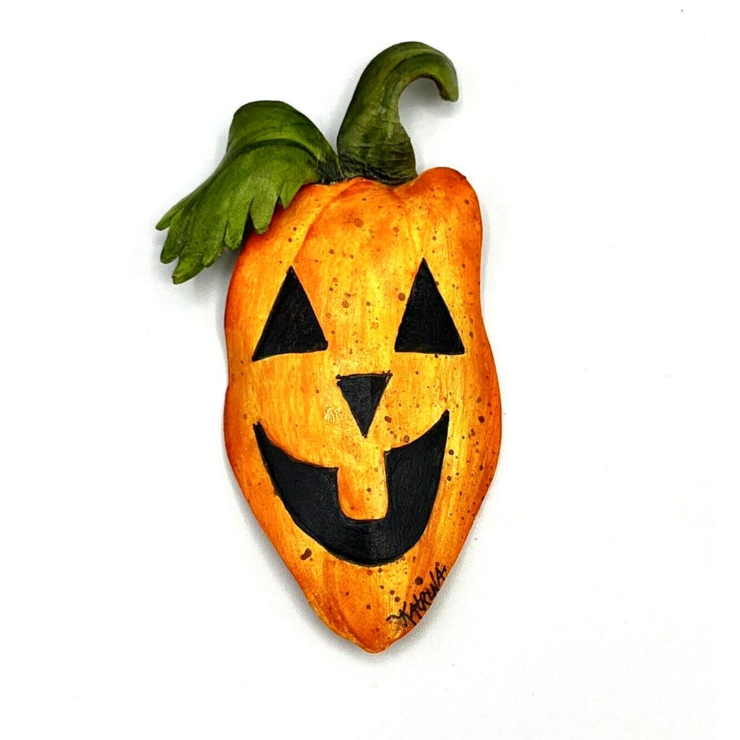 Halloween Jack O Lantern Brooch Pin Pumpkin Hand Painted Leather 3.25 ...