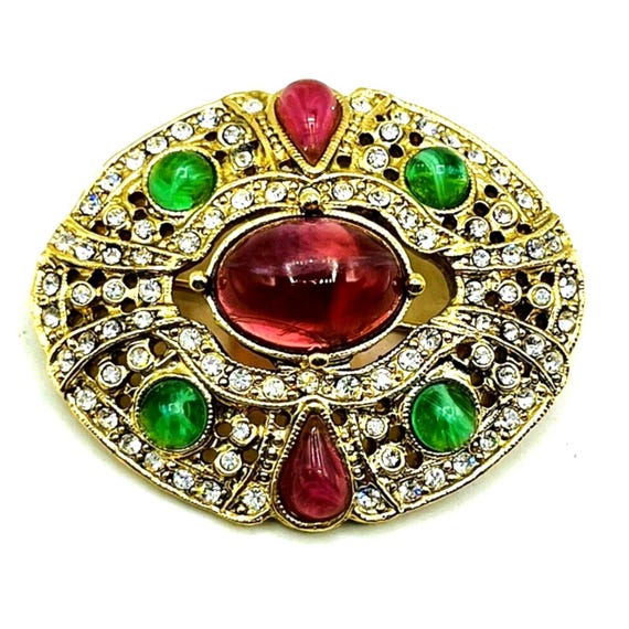 Stunning Vintage Glass Cabochon Crystal Rhinestone Brooch Gold Jewel Tones