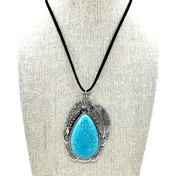 Vintage Large Faux Turquoise Pendant Necklace Sil… - image 3