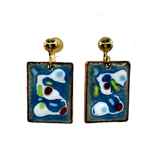 Vintage Copper Dangle Rectangle Earrings Blue Swi… - image 1