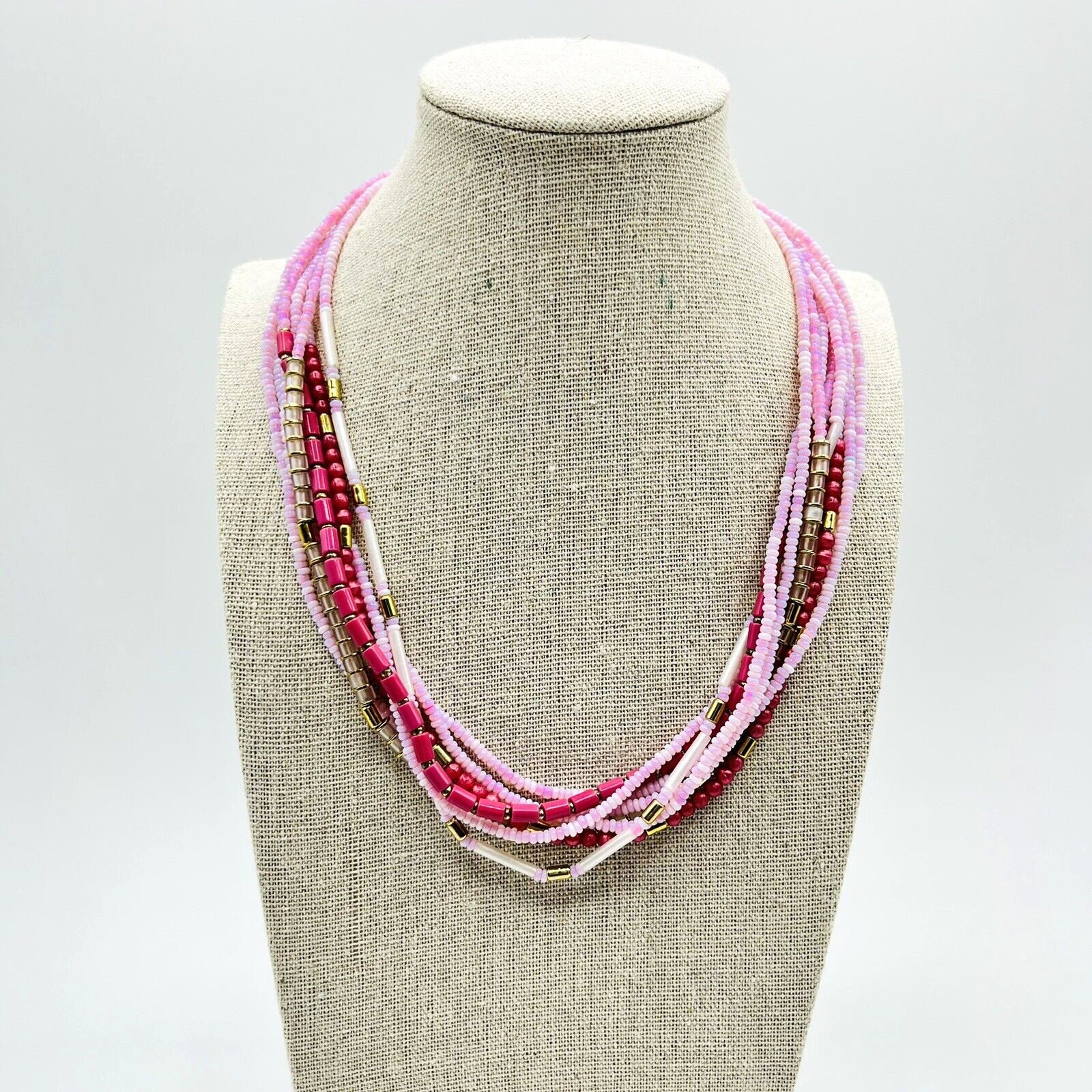 Multi Strand Pink Seed Bead Necklace Gold Tone Choker Bib Etsy