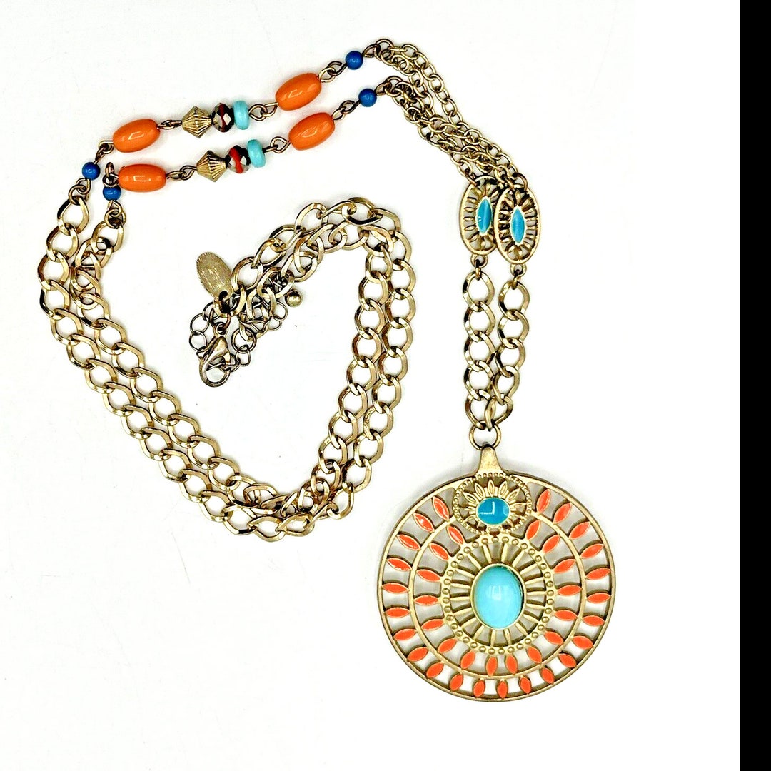 Long Chain Necklace Pendant Gold Tone Faux Turquoise Coral 30 Etsy