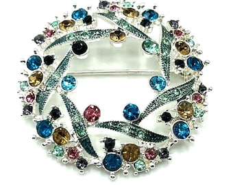 Couronne de fleurs NAPIER vintage strass multicolores broche argentée 2&quot;