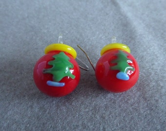 Red Ball with Christmas Tree Earrings