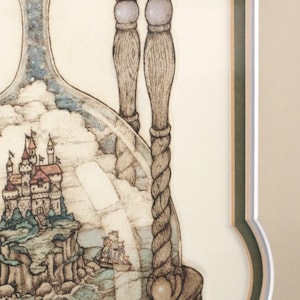 May include: An artistic illustration of an hourglass with a fantasy scene inside. The scene includes a castle on a cliff, a ship sailing on the sea, and clouds in the sky. The hourglass has wooden supports and a decorative base.