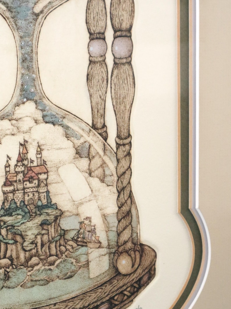 May include: An artistic illustration of an hourglass with a fantasy scene inside. The scene includes a castle on a cliff, a ship sailing on the sea, and clouds in the sky. The hourglass has wooden supports and a decorative base.