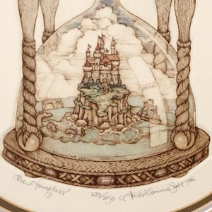 May include: An illustration of an hourglass with a castle inside. The castle sits on a rocky island surrounded by water, with a ship sailing nearby. The hourglass has a wooden base and top, with a decorative rope design.