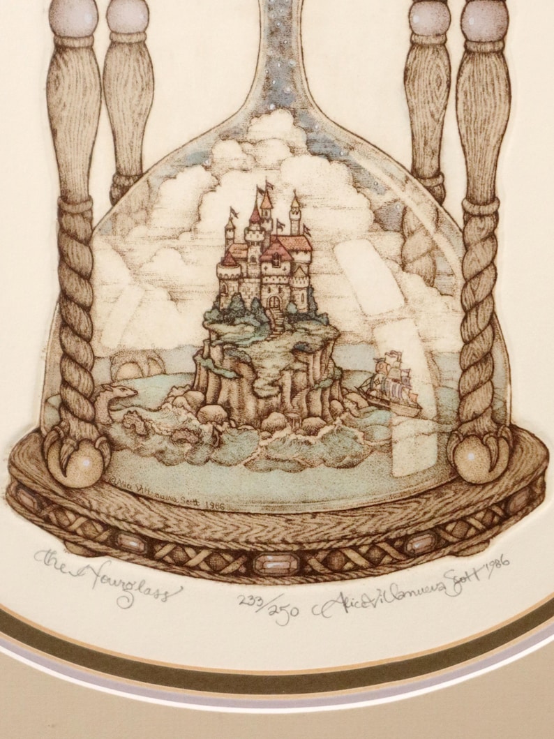May include: An illustration of an hourglass with a castle inside. The castle sits on a rocky island surrounded by water, with a ship sailing nearby. The hourglass has a wooden base and top, with a decorative rope design.
