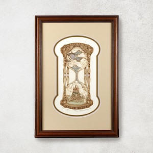 May include: Framed artwork featuring an hourglass design with a detailed illustration inside. The artwork has a brown frame and a beige mat. The hourglass depicts a celestial scene with a moon and clouds, and a castle at the bottom.