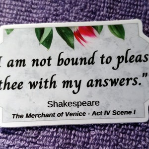 WHOSAIDTHAT Shakespeare Stickers Set of 6 Romeo & Juliet, Merchant of Venice, Hamlet, Twelfth Night, Richard III water bottles, laptops image 6