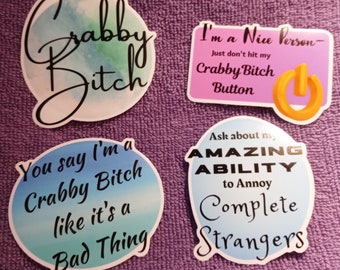 Set of 4 Crabby Bitch Stickers - Fun for Your Favorite Mean Girls - Laptops - Great Savings! Stocking Stuffers!