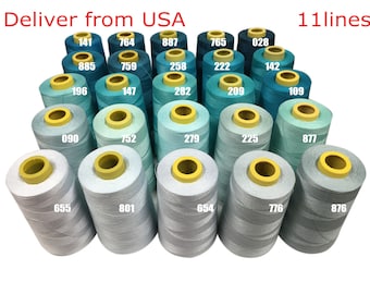 May include: Eleven spools of thread in various shades of blue and green, arranged in a pyramid shape. The spools are labeled with numbers.