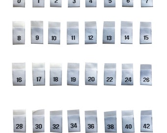 WHITE Woven Size Pips Labels 1-42  numeralClothing Labels Size Tabs Size Tags