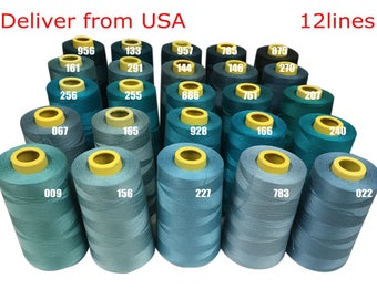 May include: Twelve spools of teal, blue, and green thread with yellow tops. Each spool has a number printed on it. The text "Deliver from USA" and "12lines" is printed at the top of the image.