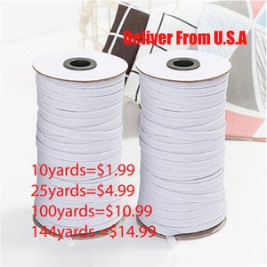 May include: Two spools of white elastic cord, each wound around a cardboard core. The spools are labeled with prices for different lengths of elastic cord: 10 yards for $1.99, 25 yards for $4.99, 100 yards for $10.99, and 144 yards for $14.99.