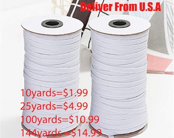 1/4&quot; Wide braided Elastic Cord Ear Loop Sewing Professional Quality - Choose White10/25/100/144/200 Yards per spool / roll face strap