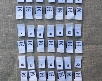 Woven Size Label Tabs 0-20 Clothing Garment Accessories Woven Labels Cut and Loop Folded Size Tags, Black on White , 25 Labels