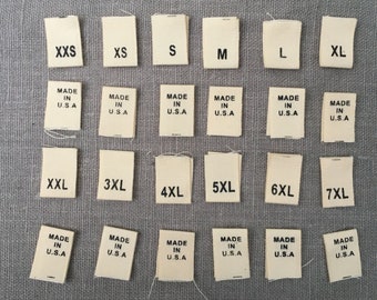 Size cotton labels  25 Garmen xxs XS S M L XL XXL 3XL 4XL 5XL  6XL 7XL