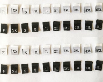 Size Labels - Black - White Woven Clothing Labels, Size Tags F XS S M L XL XXL 3XL 4XL 5XL