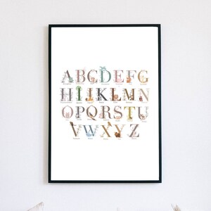 Puede incluir: Un p&oacute;ster de alfabeto colorido con ilustraciones de animales y plantas. Las letras est&aacute;n en una fuente marr&oacute;n claro con un contorno blanco. Cada letra est&aacute; emparejada con un animal o planta, como una mariposa para B, un zorro para F y una ardilla para S.