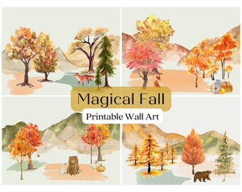 Arte de pared de otoño / Retrato de paisaje de otoño / Arte de otoño de guardería / Arte de pared imprimible / Retratos de pared con animales / Arte de pared de zorro / Arte de pared de oso /