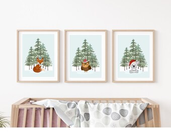 Winter Wonderland Arte de pared imprimible / Decoración de pared del bosque / Arte de pared terroso navideño / Decoración de pared con animales / Arte digital de acuarela /