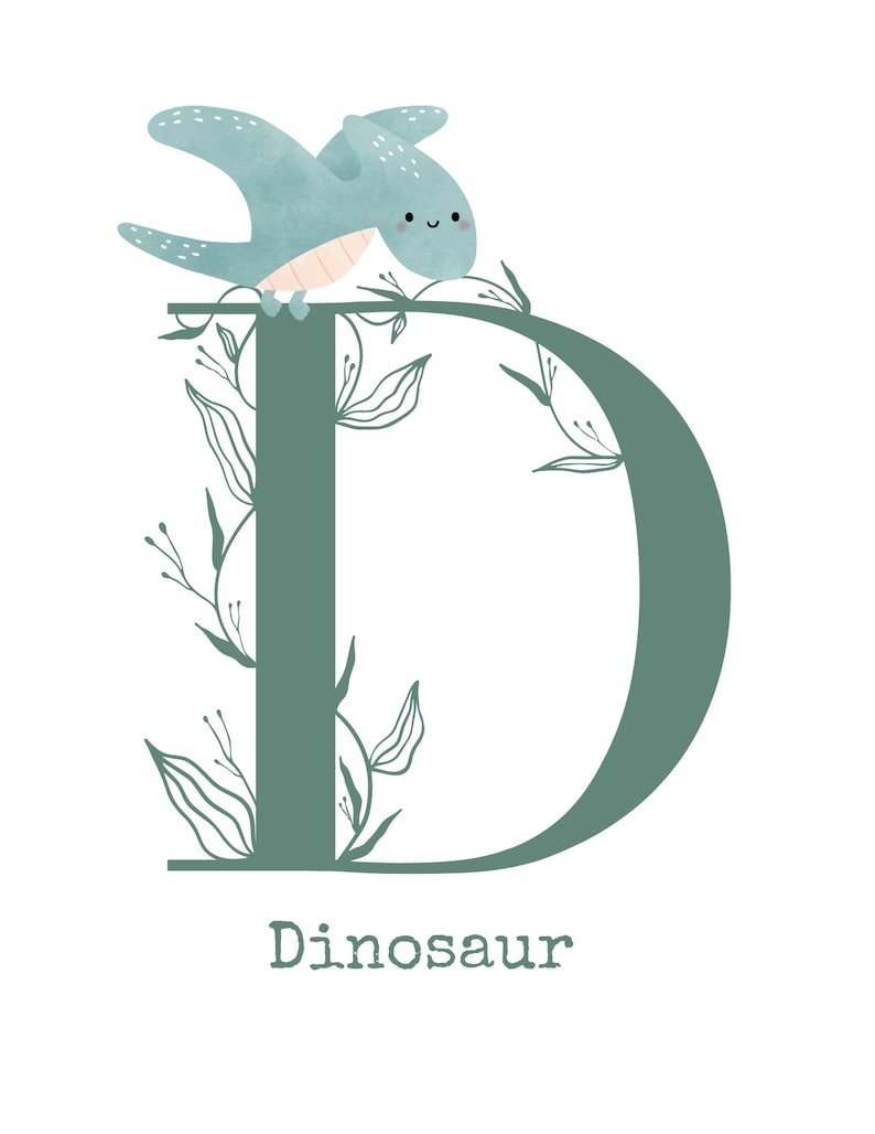 Puede incluir: Una letra D verde con enredaderas de hojas y un dinosaurio azul claro con manchas blancas sentado encima. El texto "Dinosaur" est&aacute; debajo de la letra.