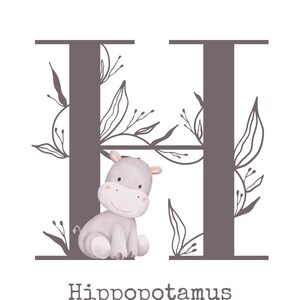 Puede incluir: Una ilustraci&oacute;n de un hipop&oacute;tamo gris y blanco sentado dentro de la letra H con acentos florales. El texto "Hippopotamus" est&aacute; debajo de la letra.