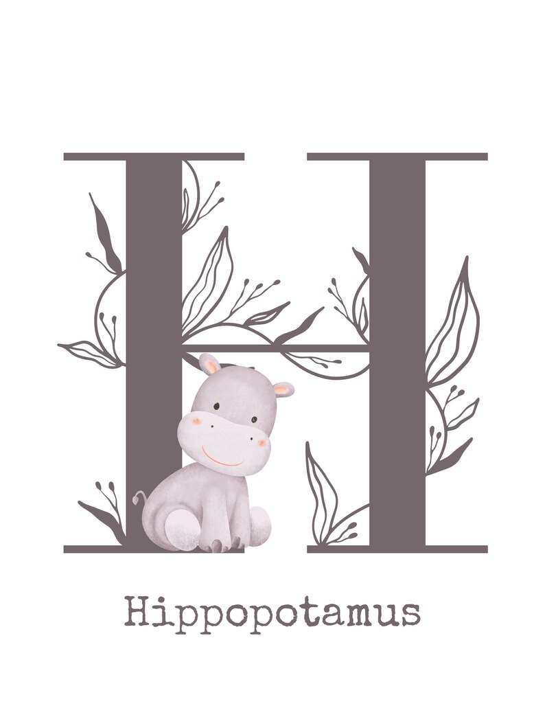 Puede incluir: Una ilustraci&oacute;n de un hipop&oacute;tamo gris y blanco sentado dentro de la letra H con acentos florales. El texto "Hippopotamus" est&aacute; debajo de la letra.