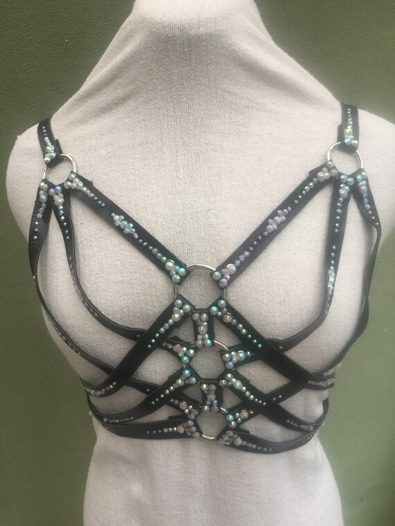 Crystal Bedazzled Body Top Bra Leather Body Chest Harness Belt Bondage Feti...