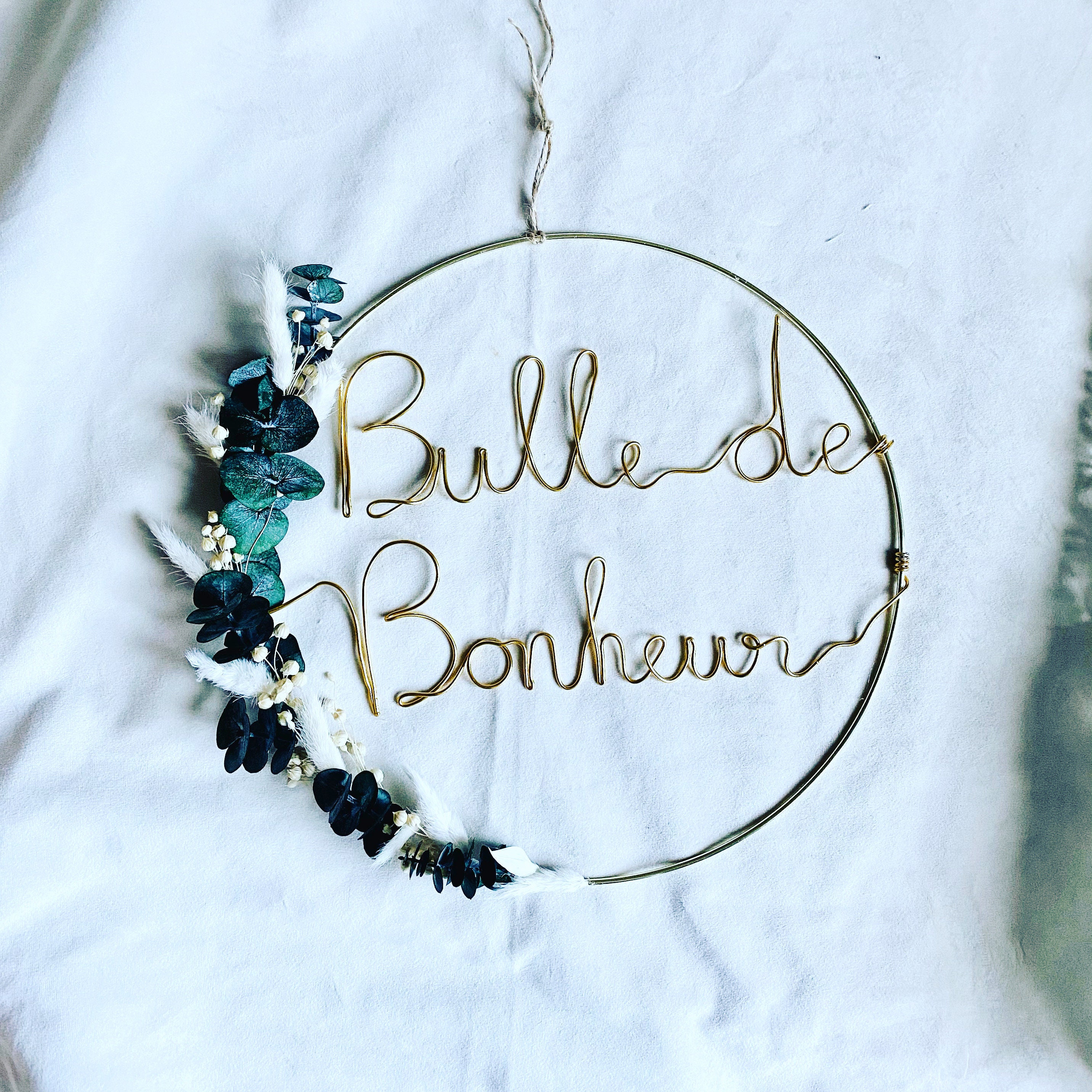 Couronne Murale, Couronne de Fleurs Séchées, Décoration Mots Filaires Dorés ou Cuivrés Cercle 35 cm 