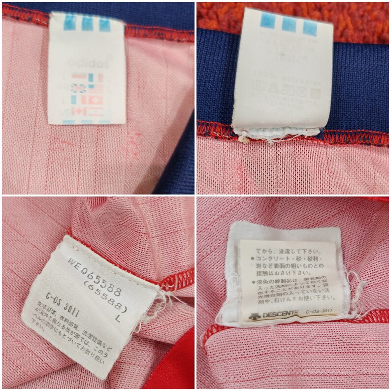 May include: Close-up of a pink and red athletic jersey with white labels. The labels contain the text "WE 065588 (65588) L" and "C-OS 3011". Another label contains text in Japanese.