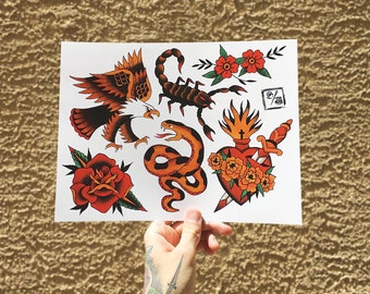 Traditional Starter Tattoo Flash Sheet Print