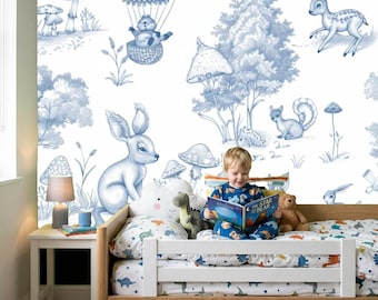 Blaue Waldtapete fürs Kinderzimmer, Waldtier-Wandbild, selbstklebende, abnehmbare Wandaufkleber