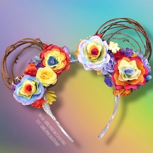 Rainbow Mickey Ears - Floral Wreath Ear Headband | Disney Bound, Pride, Festival & Park Day Accessory