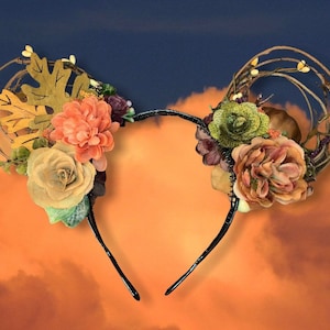 Fall Pastel Mickey Minnie Mouse Disney Ears Headband With Leaves and A Pumpkin