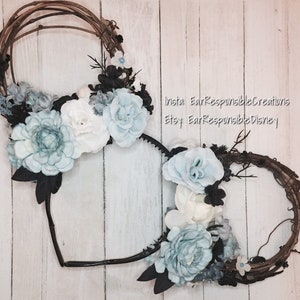 Alice in Wonderland Inspired Disney Mickey Minnie Mouse Floral Wreath Ears