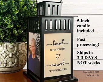 Photo Memorial Lantern, Sympathy Gift for Loss of Father, Celebration of Life, Keepsake Memorial Gift, Loved Beyond Words with Heart
