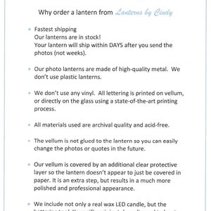 May include: White paper with blue text that reads "Why order a lantern from Lanterns by Cindy?" followed by bullet points about shipping, materials, and features of the lanterns.