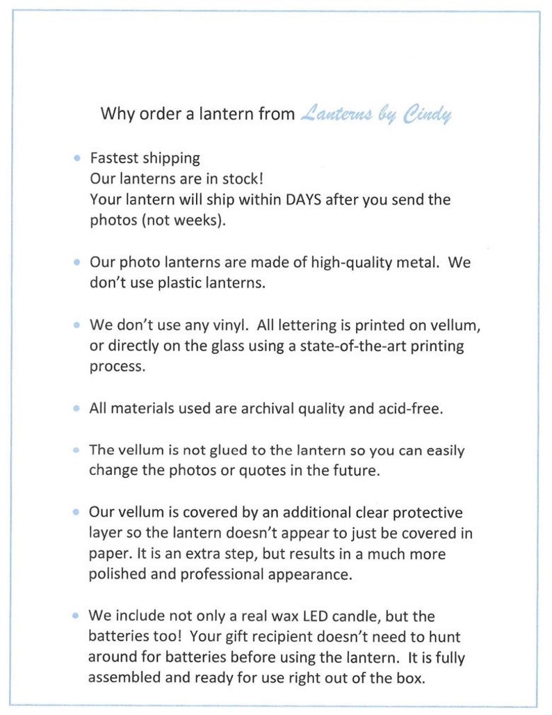 May include: White paper with blue text that reads "Why order a lantern from Lanterns by Cindy?" followed by bullet points about shipping, materials, and features of the lanterns.