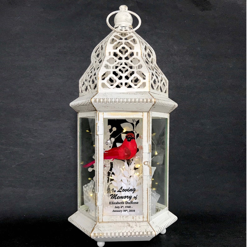 Cardinal Memorial Lantern, Personalized Sympathy Gift, Funeral Lantern, In Memory of, Loss of Loved One, Remembrance Gift image 2