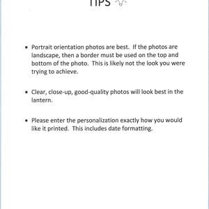 May include: White background with the word "TIPS" in black at the top, along with a lightbulb icon. Bullet points below provide photo guidelines: portrait orientation, clear close-up photos, and personalization instructions.