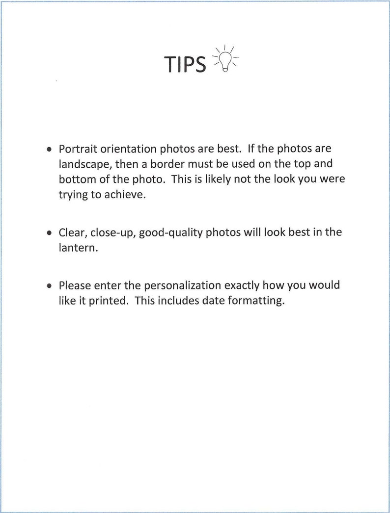 May include: White background with the word "TIPS" in black at the top, along with a lightbulb icon. Bullet points below provide photo guidelines: portrait orientation, clear close-up photos, and personalization instructions.