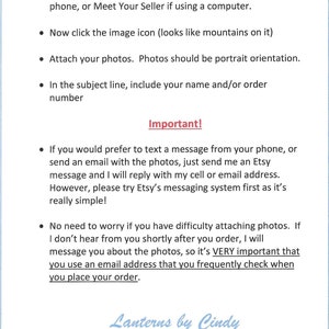 May include: A white background with blue text providing instructions for sending photos. The text includes steps on how to attach photos, the subject line, and contact information. The image is from Lanterns by Cindy.