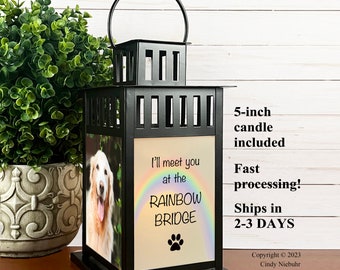 Pet Memorial Photo Lantern, Sympathy Gift for Loss of Dog or Cat, Personalized In Loving Memory Gift Pet Loss, Rainbow Bridge Quote