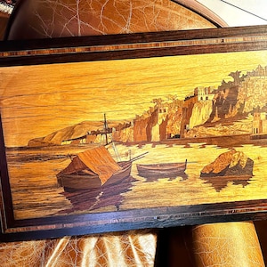 Vintage Italian Marquetry Wood Inlay Mosaic Picture. XLarge 25&quot; x 15.75&quot;. Landscape Seaside Sailboat Villa Scene.   Coastal Italian City.