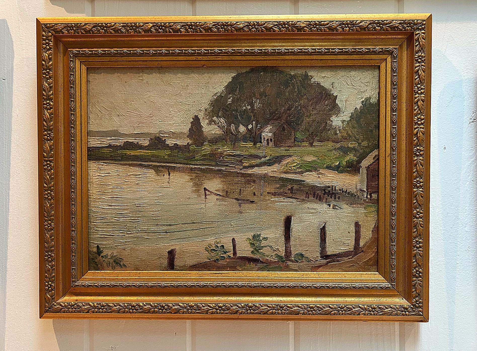 Antique American Impressionist Landscape.  Oil on Board.  Writing with Artists Name on Back.  Framed Original Landscape Oil Painting.