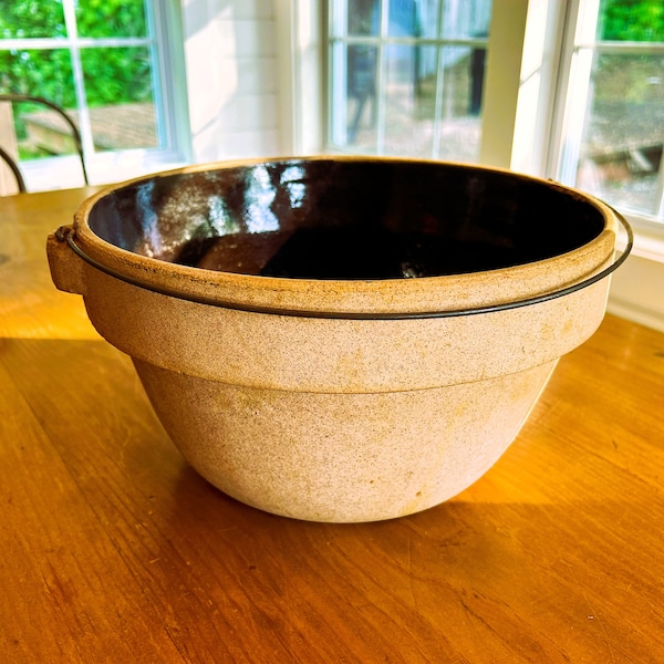 Antique Large Cook-Rite Bail Handled Stoneware Bowl.  Brown Salt Glaze Stoneware Mixing Bowl. Primitive Stoneware Bean Pot.