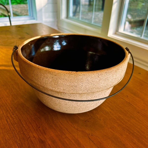 Antique Medium Cook-Rite Bail Handled Stoneware Bowl.  Brown Salt Glaze Stoneware Mixing Bowl. Primitive Stoneware Bean Pot.