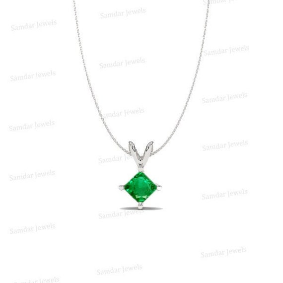 Princess Cut Emerald Necklace 14k Gold 